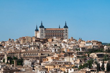 Segovia, Espaa. April 29, 2022: Alcazar de Toledo with panoramic landscape in the city and blue sky.