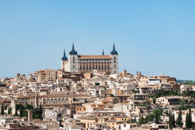 Segovia, Espaa. April 29, 2022: Alcazar de Toledo with panoramic landscape in the city and blue sky.