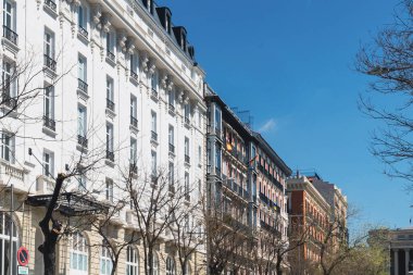 Madrid, Spain. April 5, 2022: Architecture and facade of the city with blue sky.