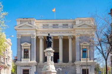 Madrid, Spain. April 5, 2022: Sculptures in El prado museum area Madrid and blue sky.
