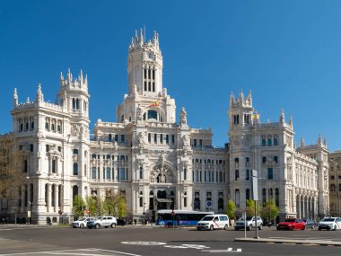 Madrid, Spain. April 6, 2022: Communications palace and cibeles fountain.