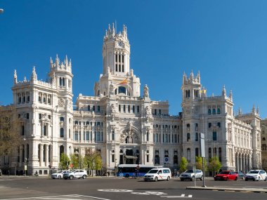 Madrid, Spain. April 6, 2022: Communications palace and cibeles fountain.