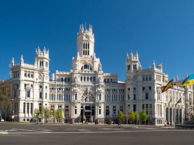 Madrid, Spain. April 6, 2022: Communications palace and cibeles fountain.