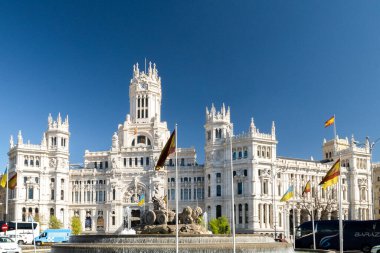 Madrid, Spain. April 6, 2022: Communications palace and cibeles fountain.