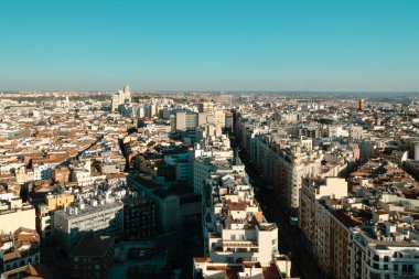 Madrid, Spain. April 6, 2022: Panoramic city landscape with beautiful blue sky.