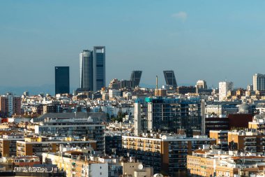 Madrid, Spain. April 6, 2022: Panoramic city landscape with beautiful blue sky.