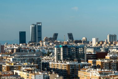 Madrid, Spain. April 6, 2022: Panoramic city landscape with beautiful blue sky.
