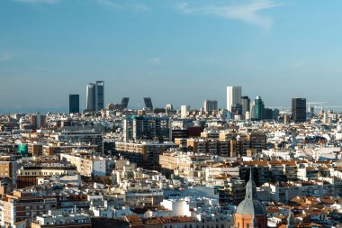 Madrid, Spain. April 6, 2022: Panoramic city landscape with beautiful blue sky.