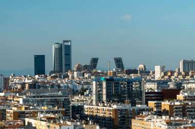 Madrid, Spain. April 6, 2022: Panoramic city landscape with beautiful blue sky.