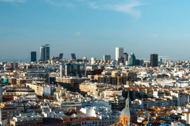 Madrid, Spain. April 6, 2022: Panoramic city landscape with beautiful blue sky.