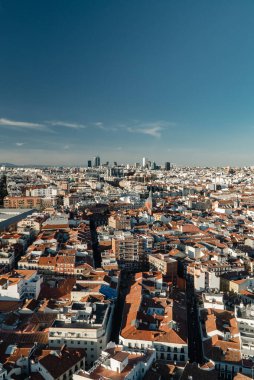 Madrid, Spain. April 6, 2022: Panoramic city landscape with beautiful blue sky.