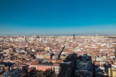 Madrid, Spain. April 6, 2022: Panoramic city landscape with beautiful blue sky.