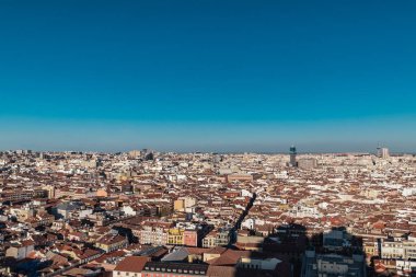 Madrid, Spain. April 6, 2022: Panoramic city landscape with beautiful blue sky.