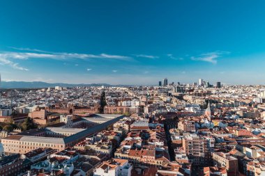 Madrid, Spain. April 6, 2022: Panoramic city landscape with beautiful blue sky.