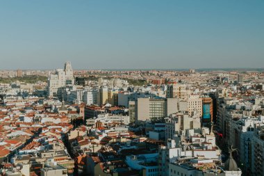 Madrid, Spain. April 6, 2022: Panoramic city landscape with beautiful blue sky.