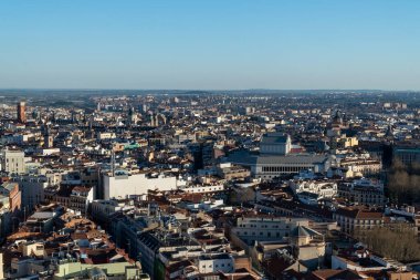 Madrid, Spain. April 6, 2022: Panoramic city landscape with beautiful blue sky.