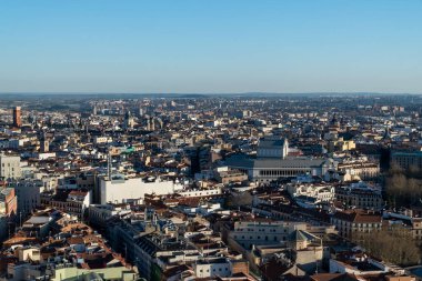 Madrid, Spain. April 6, 2022: Panoramic city landscape with beautiful blue sky.