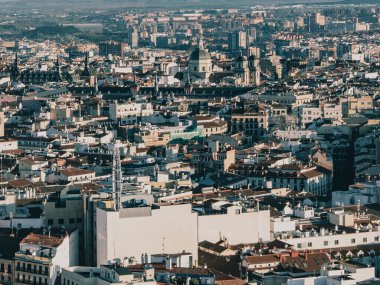 Madrid, Spain. April 6, 2022: Panoramic city landscape with beautiful blue sky.