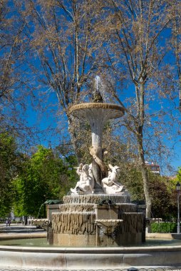Madrid, Spain. April 6, 2022: Sculptures in the retiro park with blue sky.