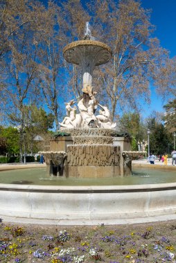 Madrid, Spain. April 6, 2022: Sculptures in the retiro park with blue sky.