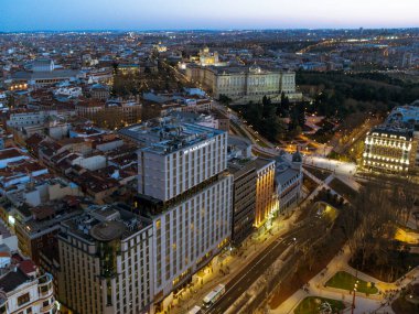 Madrid, Spain. April 6, 2022: Dusk Plaza Espaa and Royal Palace with panoramic view.