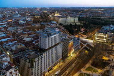 Madrid, Spain. April 6, 2022: Dusk Plaza Espaa and Royal Palace with panoramic view.