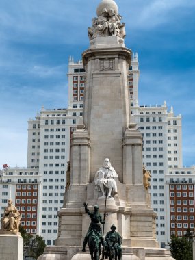 Madrid, Spain. April 6, 2022: Spain square with don quixote and sancho panza monument