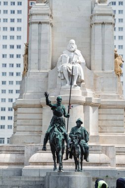 Madrid, Spain. April 6, 2022: Spain square with don quixote and sancho panza monument