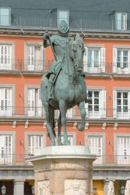 Madrid, Spain. April 4, 2022: Architecture and monuments in Plaza Mayor.