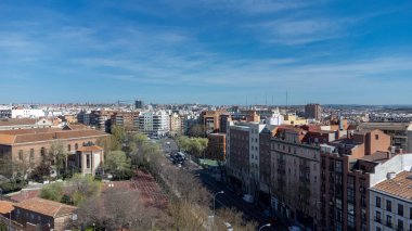 Madrid, Spain. April 17, 2022: Landscape with architecture and blue sky in the city.