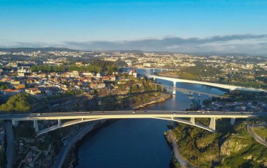Landscape with aerial view of the Duero river and Puente del Infante. Porto, Portugal.