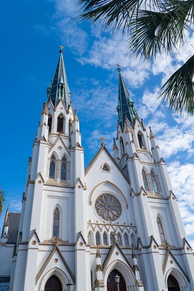 Savannah, Georgia, Usa. December 2, 2022: Cathedral saint john the baptist and blue sky.