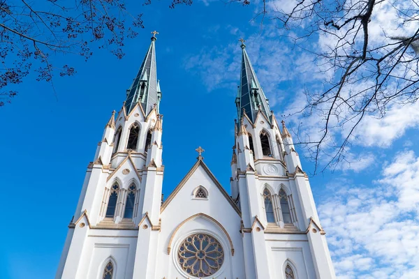 stock image Savannah, Georgia, Usa. December 2, 2022: Cathedral saint john the baptist and blue sky.