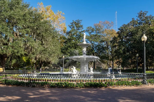 Savannah, Georgia, Usa. December 2, 2022: Fountain with blue sky in forsyth park.