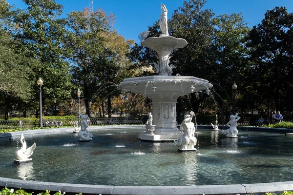 Savannah Georgia Usa Dezember 2022 Brunnen Mit Blauem Himmel Forsythpark — Stockfoto