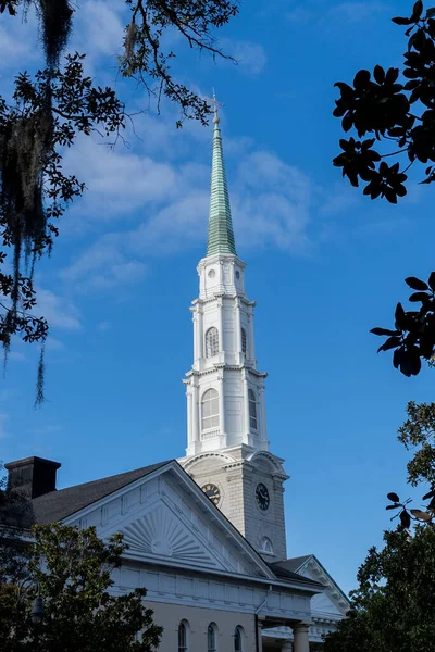 Savannah, Georgia, United States. December 2, 2022: The Savannah Independent Presbyterian Church with beautiful blue sky.