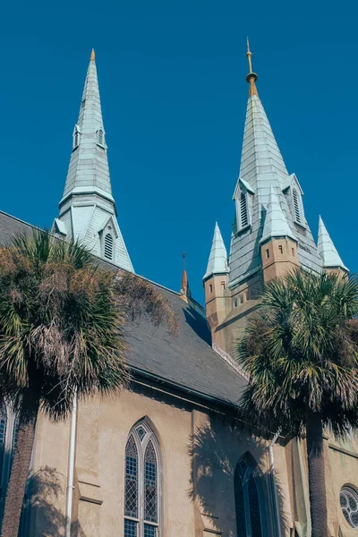 Savannah, Georgia, United States. December 2, 2022:  Wesley Monument United Methodist Church with blue sky.