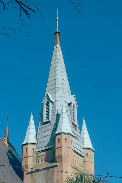 Savannah, Georgia, United States. December 2, 2022:  Wesley Monument United Methodist Church with blue sky.