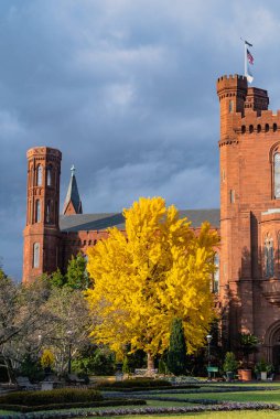 Washington D.C. Birleşik Devletleri. 30 Kasım 2022: Smithsonian Enstitüsü (Smithsonian Kalesi) ve güz ağaçları.