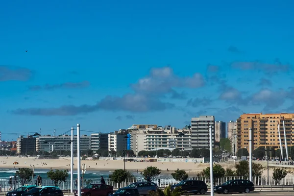 Panorámás Táj Matosinhos Strand Kilátással Tengerre Épületek Város Matosinhos Portugália — Stock Fotó