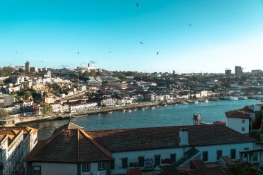 Vila Nova de Gaia şarap mahzeni ve Rio Douro. Oporto, Portekiz.