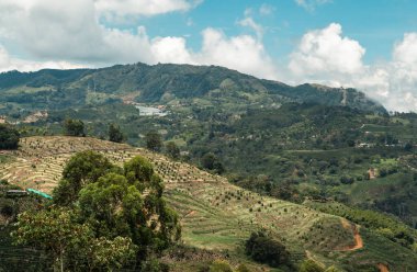 Jerico 'nun doğal ve kırsal manzarası, Antioquia dağları ve mavi gökyüzü. Kolombiya.