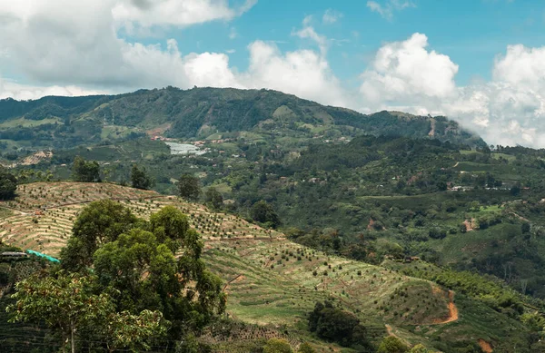 Naturalny Wiejski Krajobraz Jerico Antioquia Górami Błękitnym Niebem Kolumbia — Zdjęcie stockowe