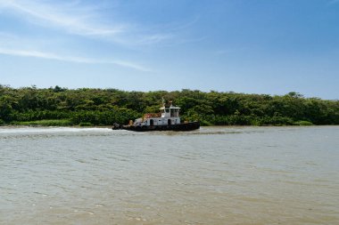 Nehirde doğal panoramik manzaralı tekneler. Uraba, Kolombiya.