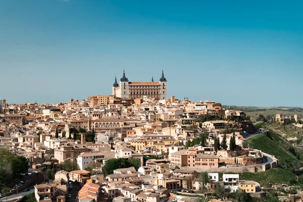 stock image Panoramic landscape with beautiful blue sky and view of the Tagus river in the city of Toledo, Spain.