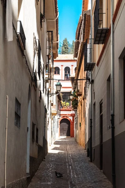 Granada, İspanya. 14 Nisan 2022: Granada şehir merkezinin mimarisi bir yaz günü ve mavi gökyüzü.