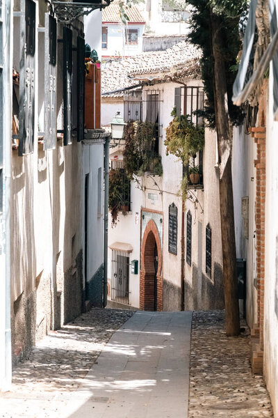 Granada,Spain. April 14, 2022:  Albaicin neighborhood architecture and blue sky. Panoramic landscape of the neighborhood.