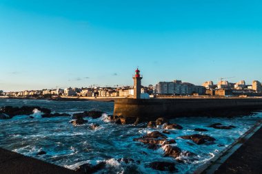 Douro Nehri 'ne bakan Las Felgueiras Deniz Feneri. Porto, Portekiz. 