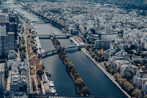 Panoramic Paris from Eiffel Tower and view of the Seine River. Paris, France.