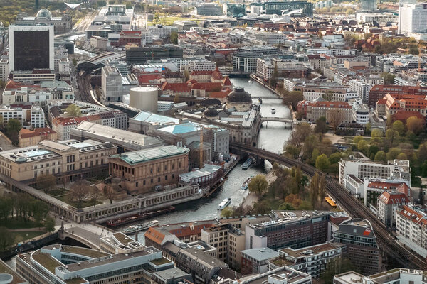 Berlin, Germany: April 19, 2022: Museum island and panoramic landscape from tv tower.